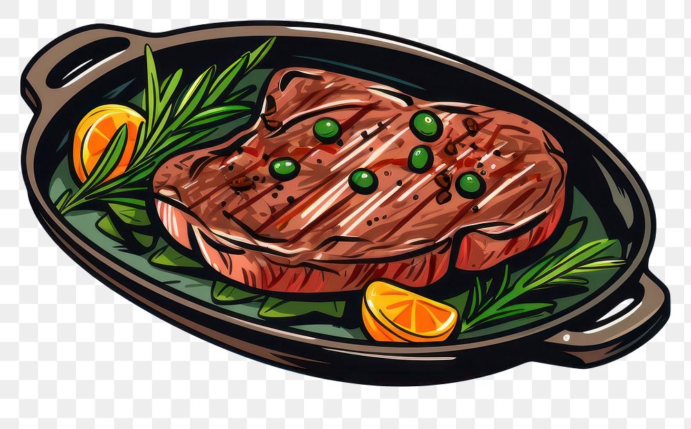 PNG Steak on pan grilling cartoon plate.