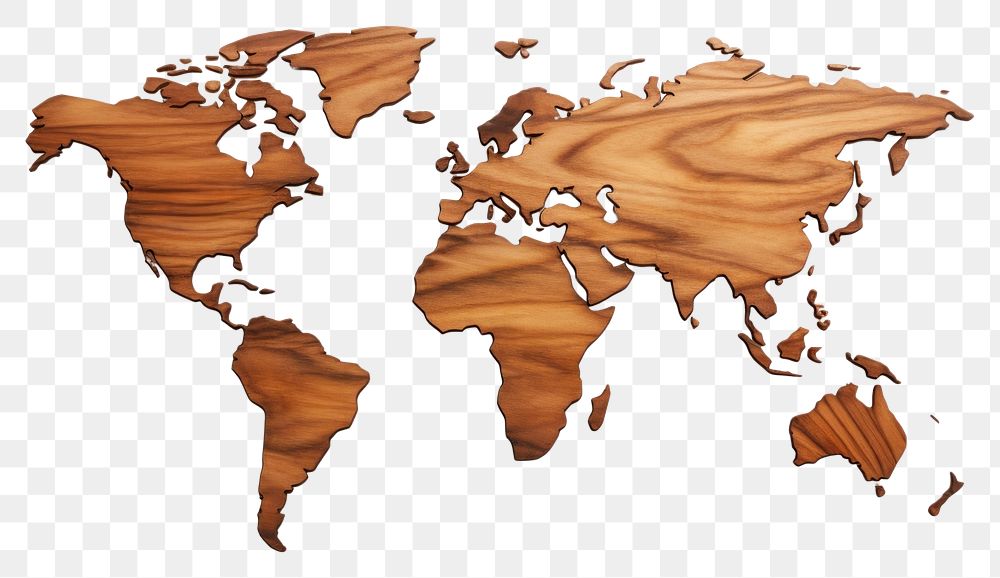 PNG World map wood topography textured.