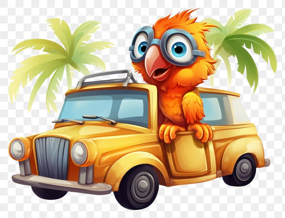 PNG Bird character riding car vehicle cartoon fun.