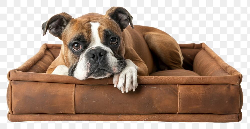 PNG Dog in brown box furniture bulldog mammal.