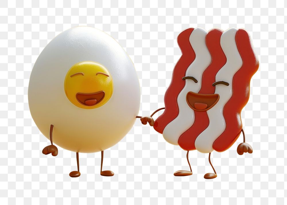 PNG 3d bacon and fried egg character cartoon food anthropomorphic.