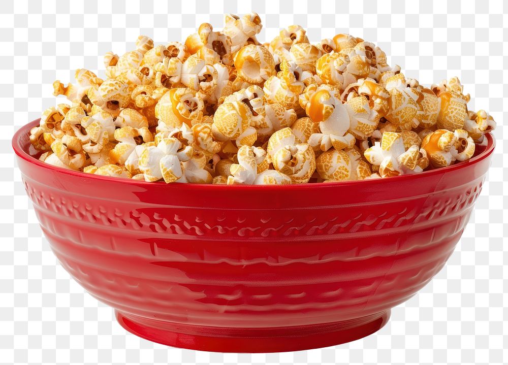 PNG  Caramel popcorn in a red bowl snack food white background.