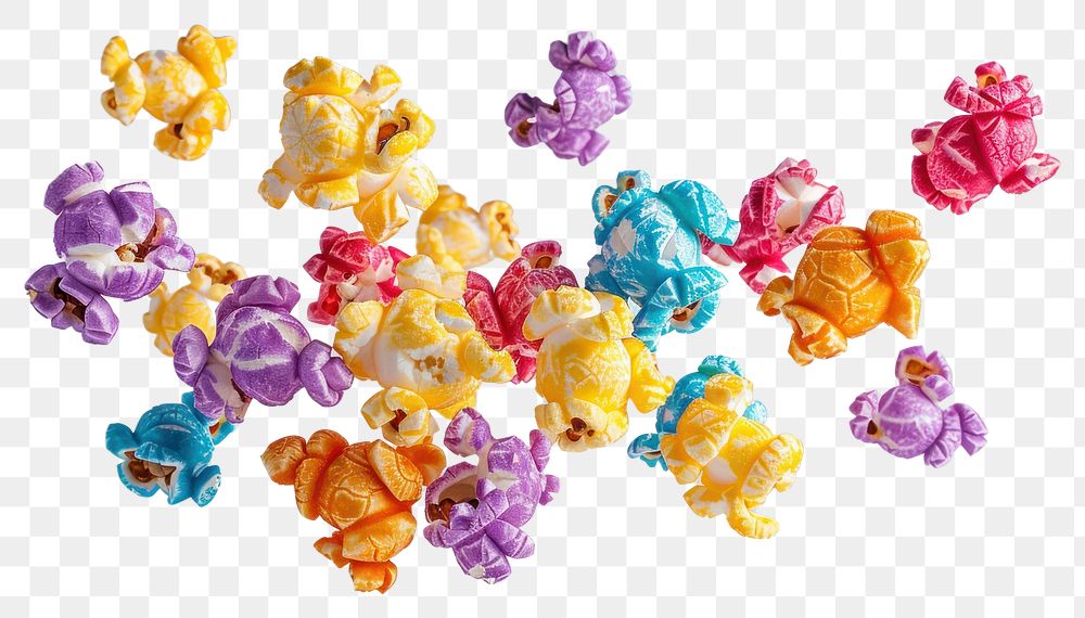 PNG  Flying multi-color popcorn food white background variation.