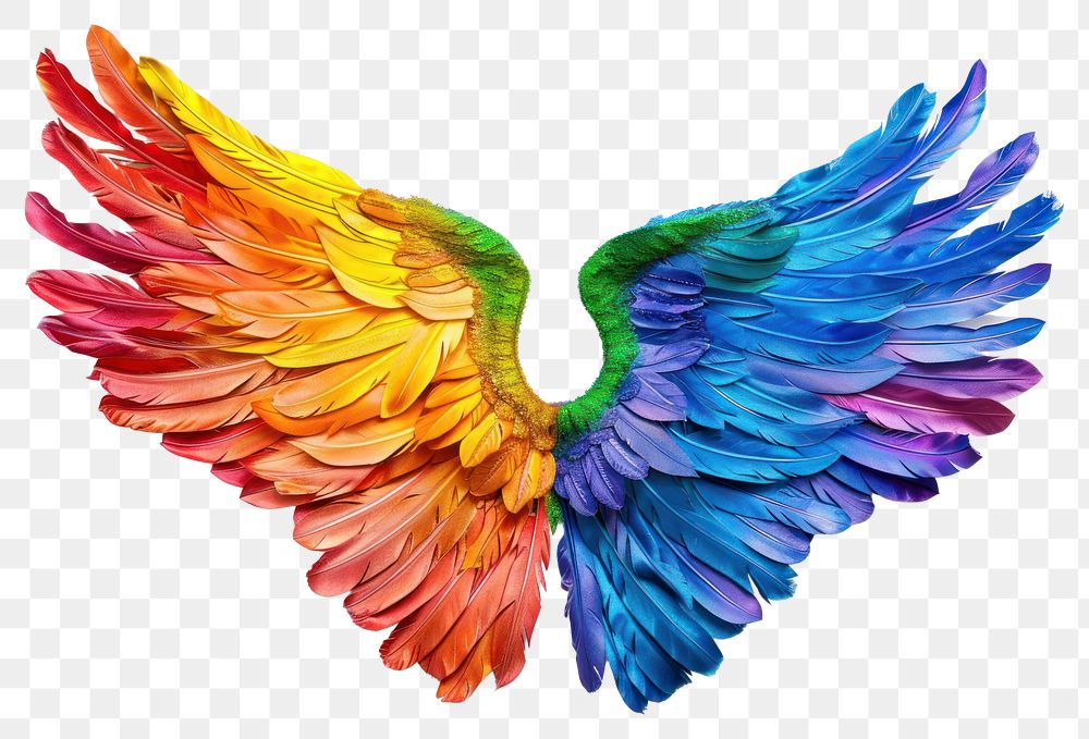 PNG  Rainbow angel wings bird art white background.