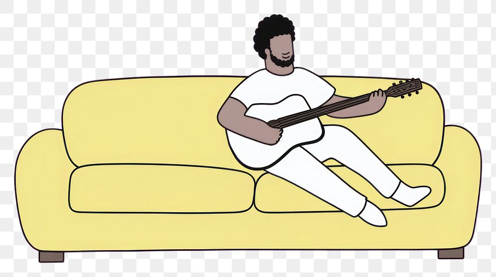 PNG Man playing guitar on a couch furniture musician drawing.
