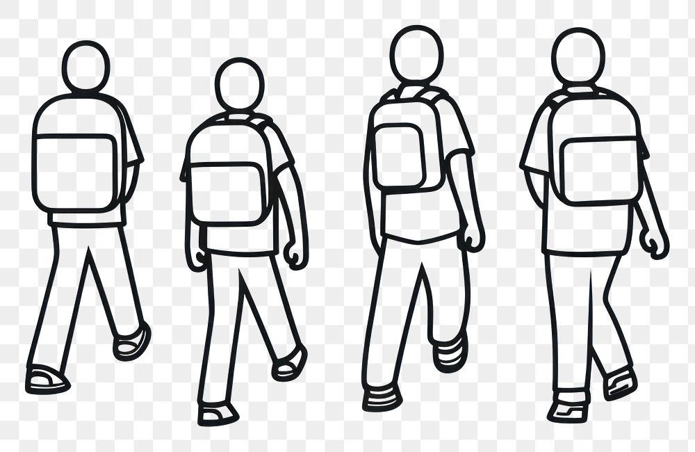 PNG Three student walking with backpack drawing cartoon sketch.