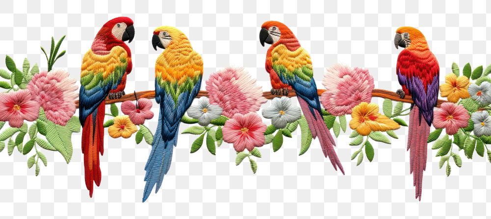 PNG Parrots border in embroidery style animal bird creativity.