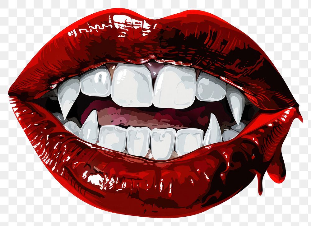 PNG Sexy red vampire lip teeth with fangs lipstick white background cosmetics