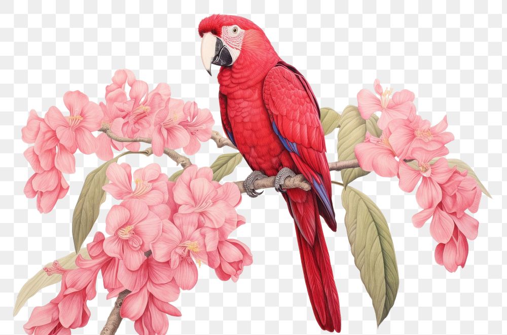 PNG Realistic vintage drawing of parrot flower animal sketch.