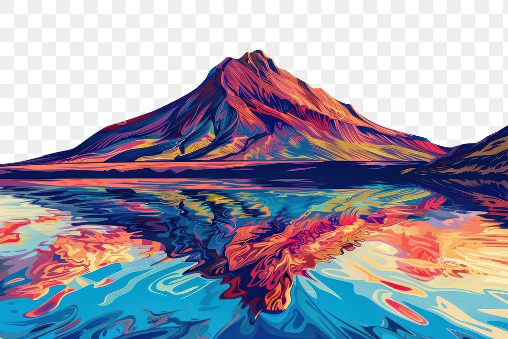 PNG Illustration Volcanic mountain in morning light reflected in calm waters of lake painting outdoors nature.