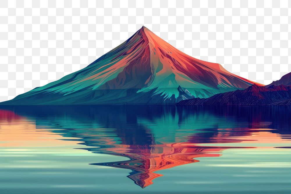 PNG Illustration Volcanic mountain in morning light reflected in calm waters of lake landscape outdoors painting