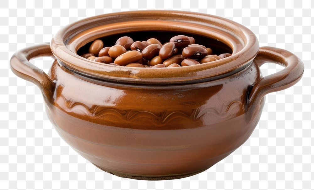 PNG Ceramic pot with cooked carioca beans pottery bowl white background.
