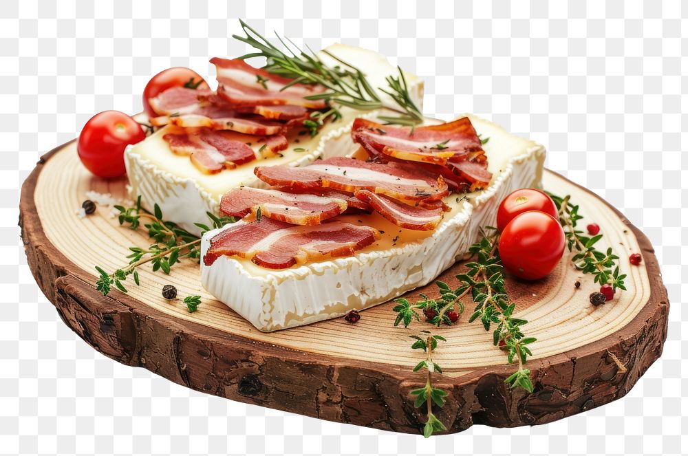 PNG Cheese and slices of smoked bacon tomato food herb.