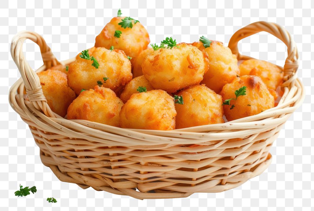 PNG Fried tater tots in basket fried food white background.