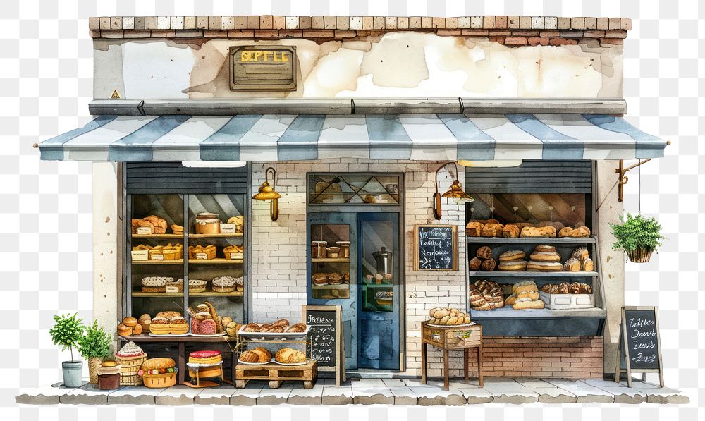 PNG Architecture illustration bakery shop bread food white background.