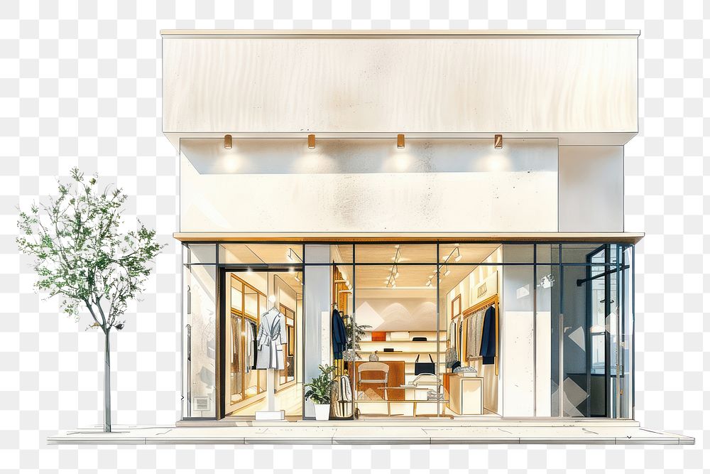 PNG Architecture illustration fashion boutique building white background furniture