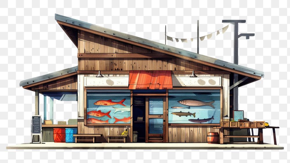 PNG Architecture illustration fish market building outdoors house.