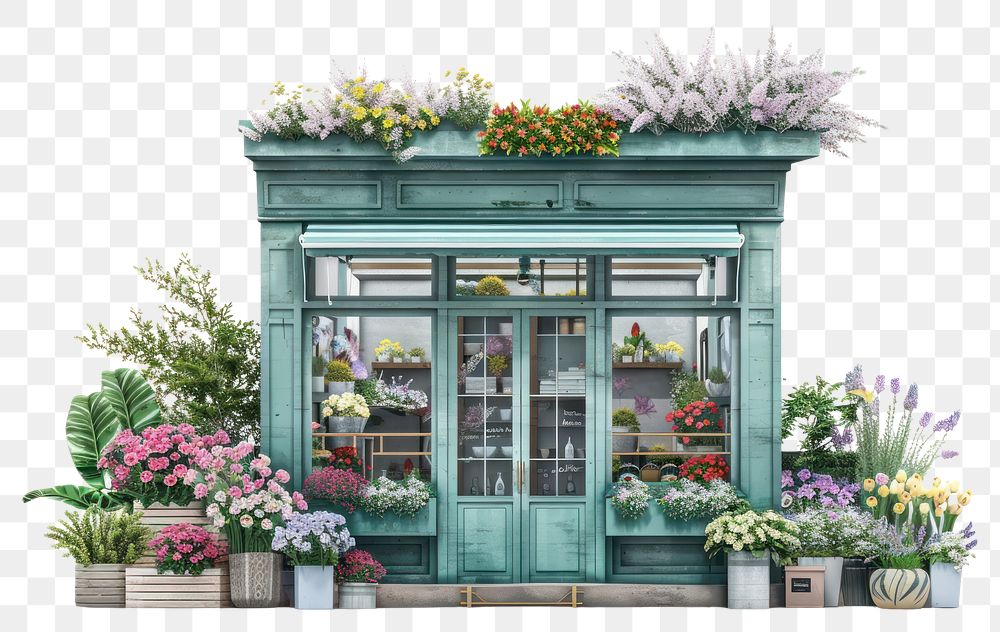 PNG Architecture illustration flower shop building plant white background.