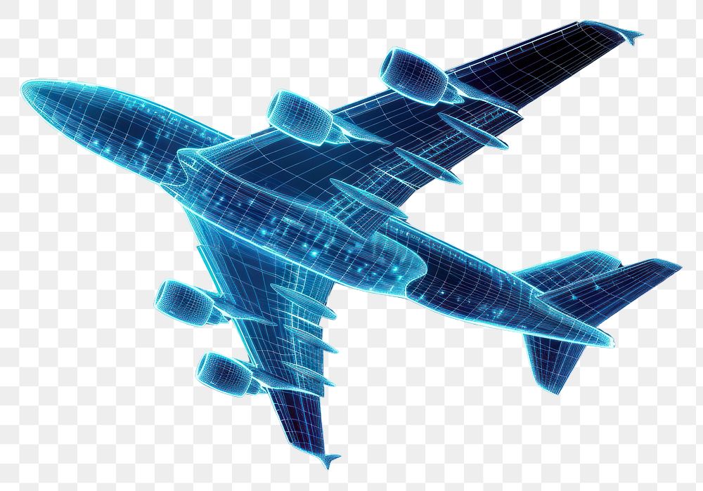 PNG  Glowing wireframe of airplane futuristic black background illuminated.