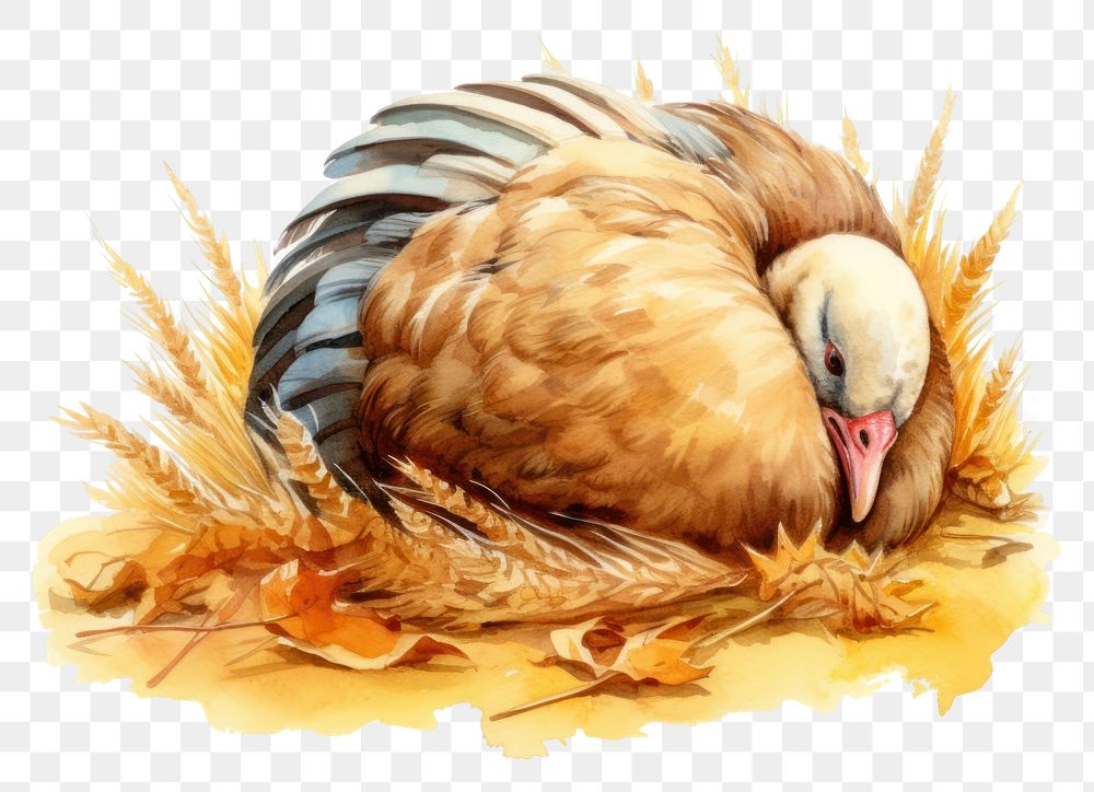 PNG Watercolor turkey sleeping animal cartoon bird.