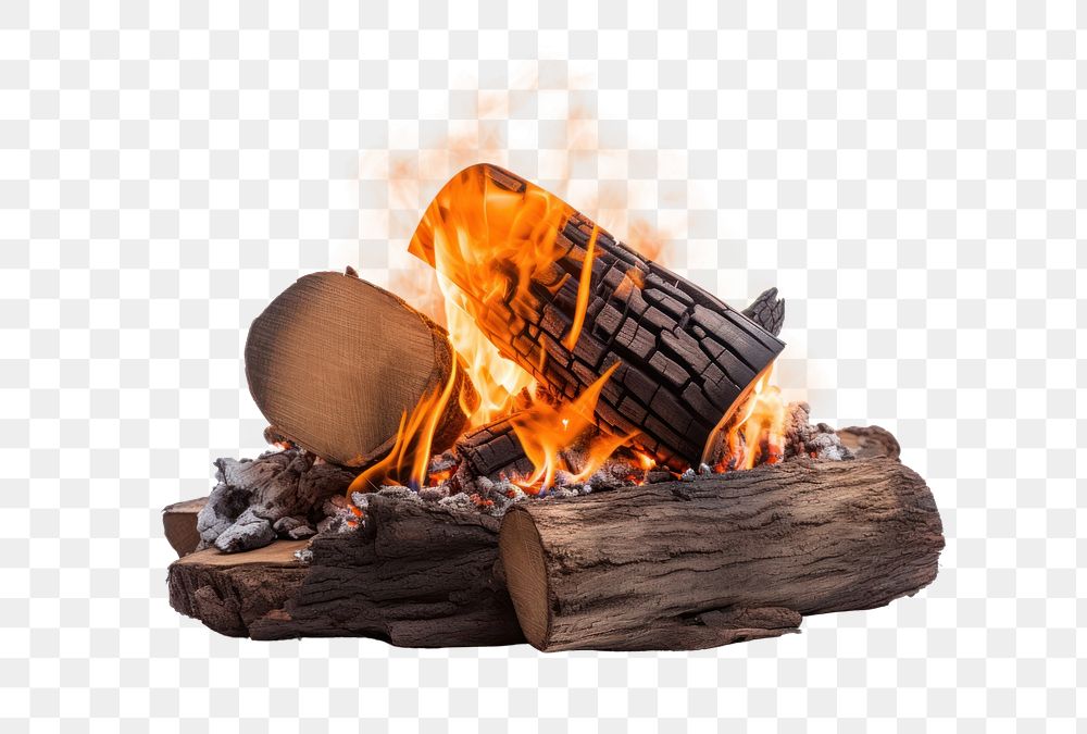 PNG Wooden log with fire fireplace bonfire white background.