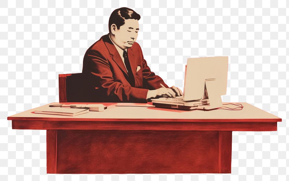 PNG Propaganda art businessman working furniture computer laptop.