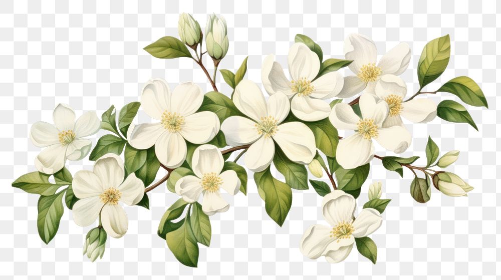 PNG  Vintage drawing jasmine flowers plant white white background