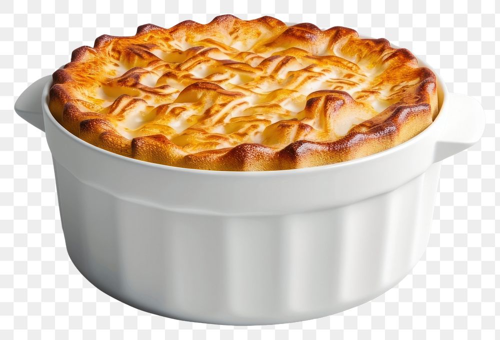 PNG British fish pie in a white ceramic dessert pastry food.