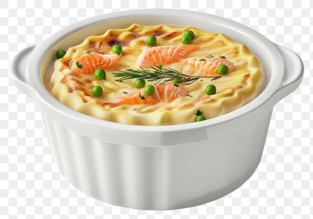 PNG British fish pie in a white ceramic food meal dish.