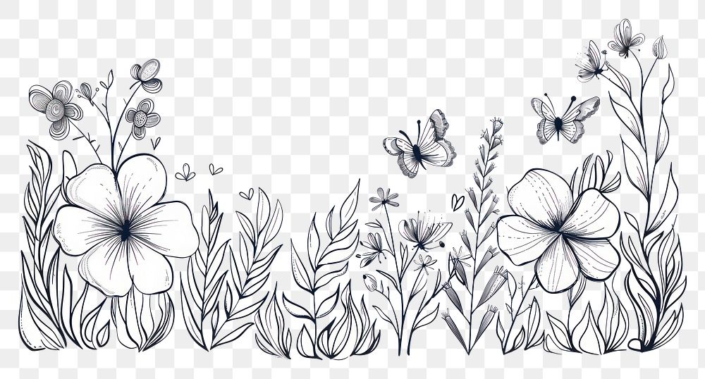 PNG Cute divider doodle flowers butterfly pattern drawing sketch.