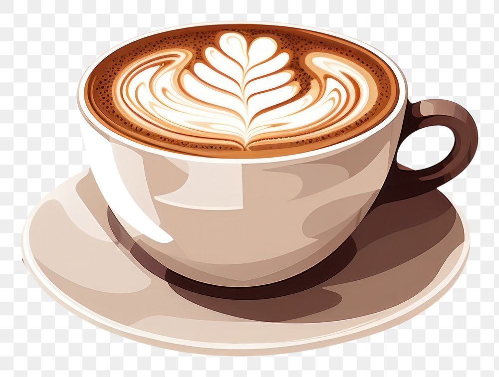 PNG A cartoon-like drawing of a mocha coffee saucer latte.