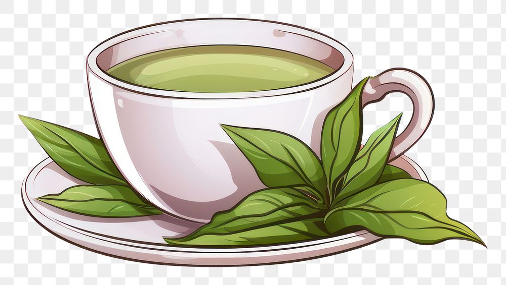 PNG A cartoon-like drawing of a herbal tea saucer drink cup.