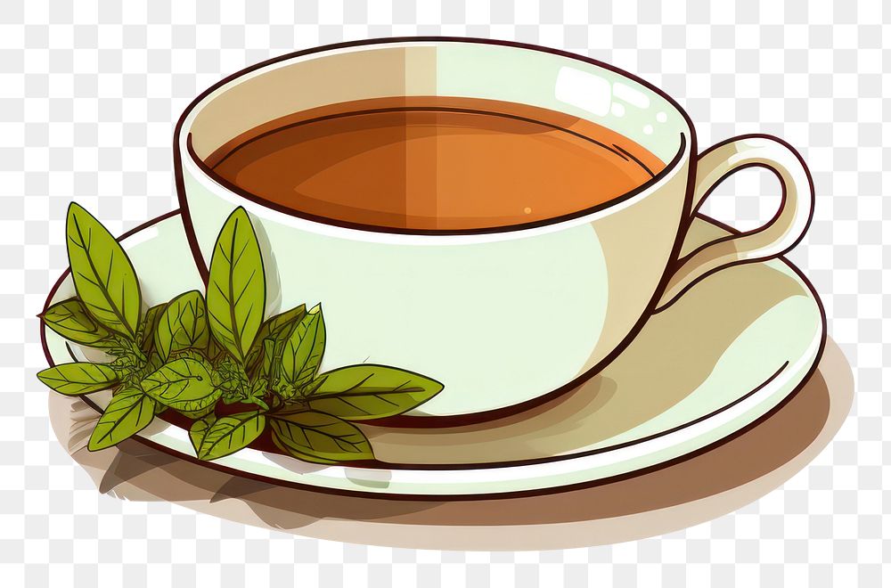 PNG A cartoon-like drawing of a herbal tea herbs saucer coffee.