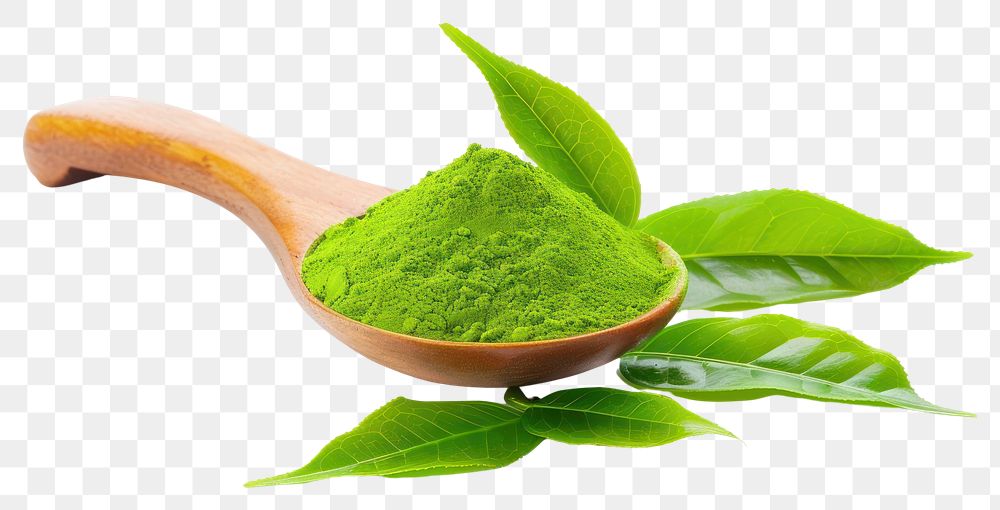 PNG Green matcha powder in a wood spoon with tea leaves plant herbs white background.