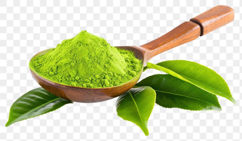 PNG Green matcha powder in a wood spoon with tea leaves white background ingredient freshness.