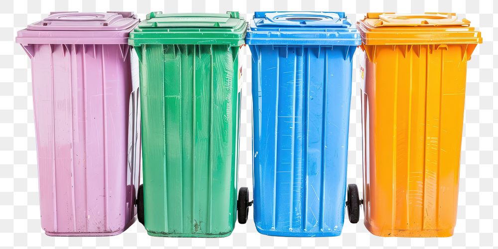 PNG Four colorful recycle bins plastic white background container.