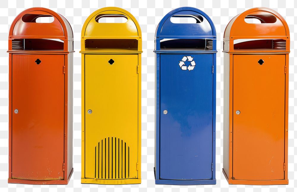 PNG Four colorful recycle bins white background recycling letterbox.