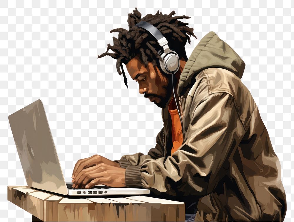 PNG African american man headphones computer laptop.