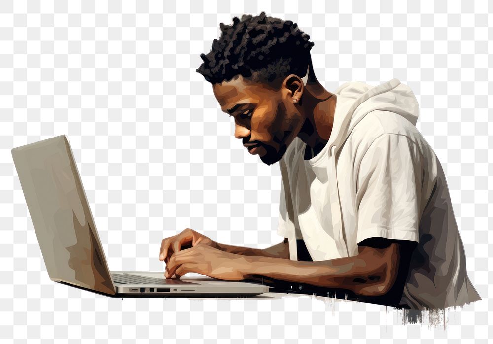 PNG African american man computer laptop typing.