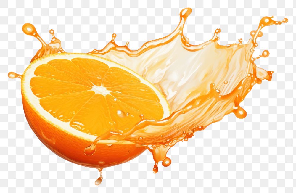 PNG Orange with a splash of orange juice grapefruit food white background.
