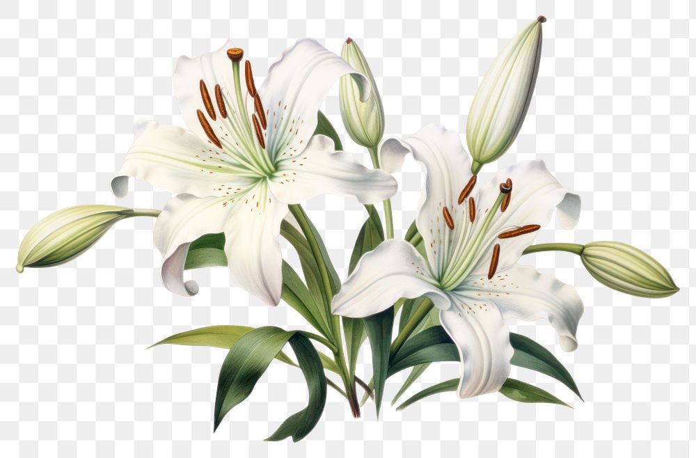 PNG Vintage illustration Lilly flower blossom plant white