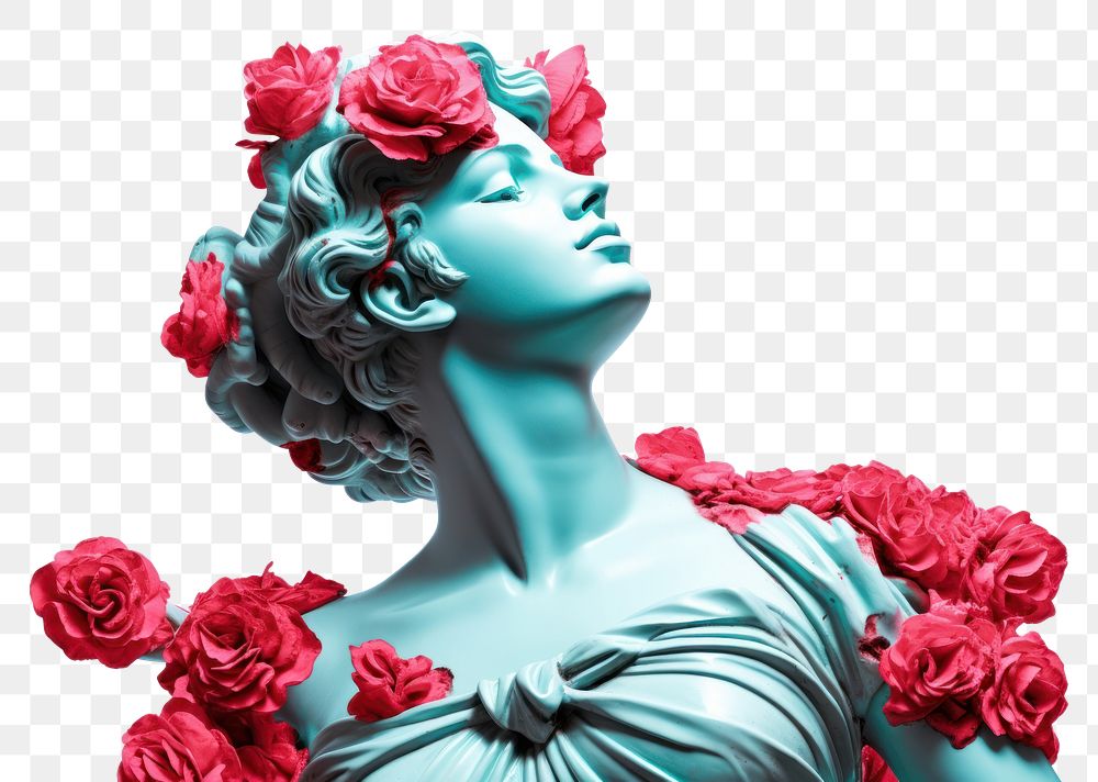PNG Ancient female Greek sculpture decorate with Rose flowers rose art portrait.