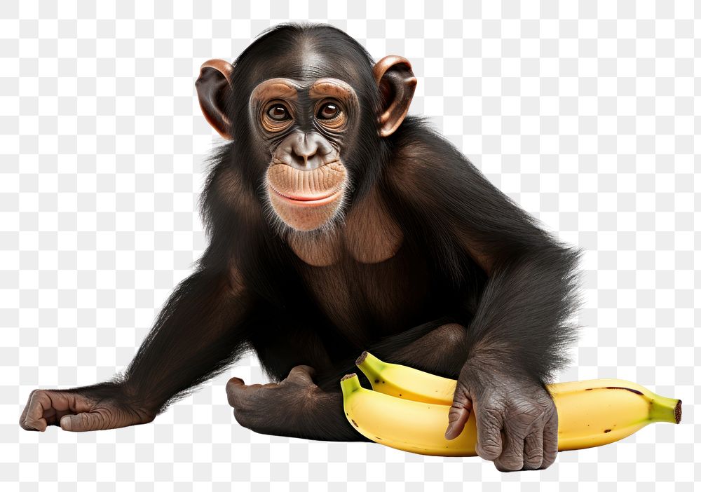 PNG Chimpanzaa with banana looking up at camera wildlife mammal animal.