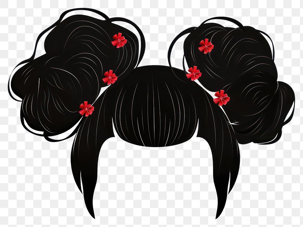 Black bun red bows hairstyle white background accessories.