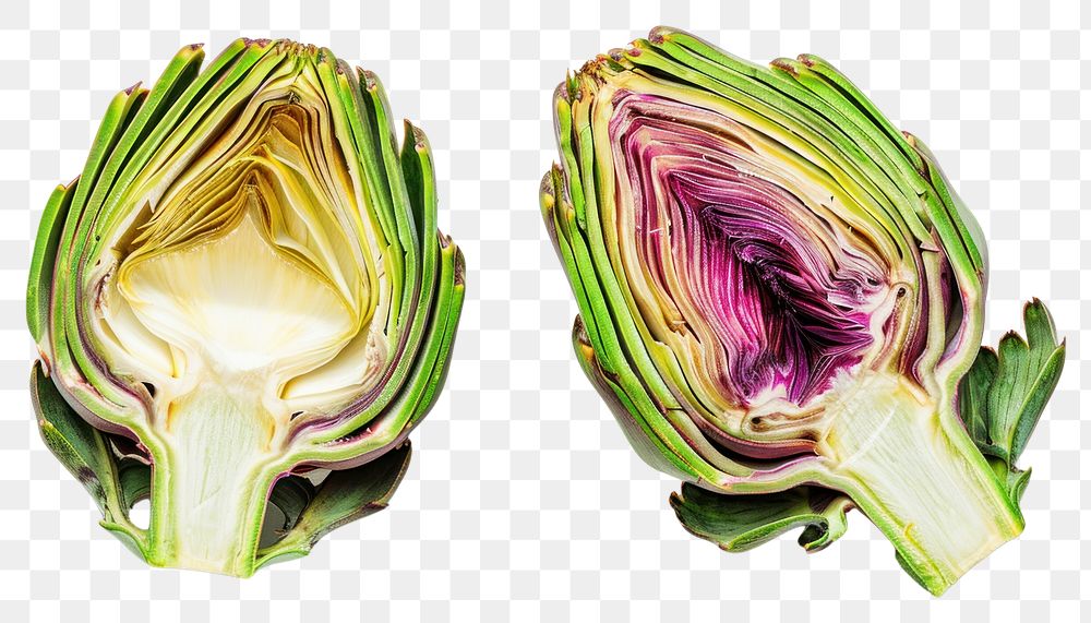 PNG Whole and halved fresh artichoke vegetable plant food.