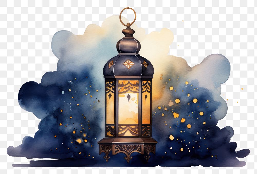 PNG Lamp of Eid Mubarak watercolor background lantern architecture illuminated.