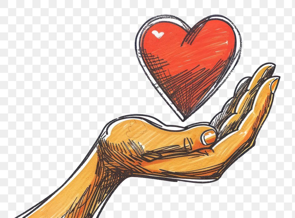 PNG Hand-drawn sketch hand holding heart creativity romance cartoon.