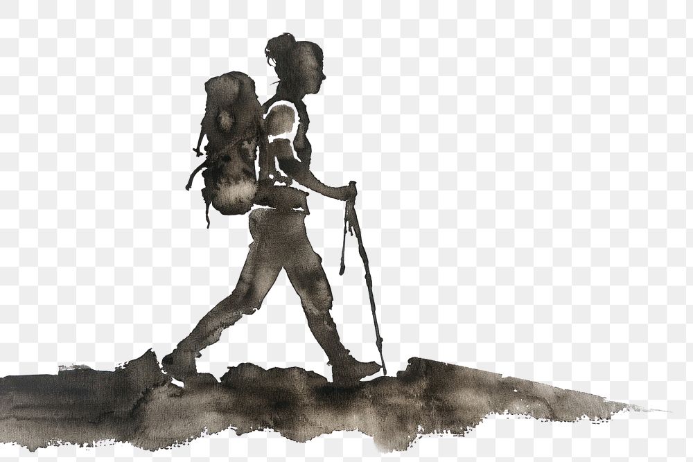 PNG Monochromatic woman hiking painting drawing walking.