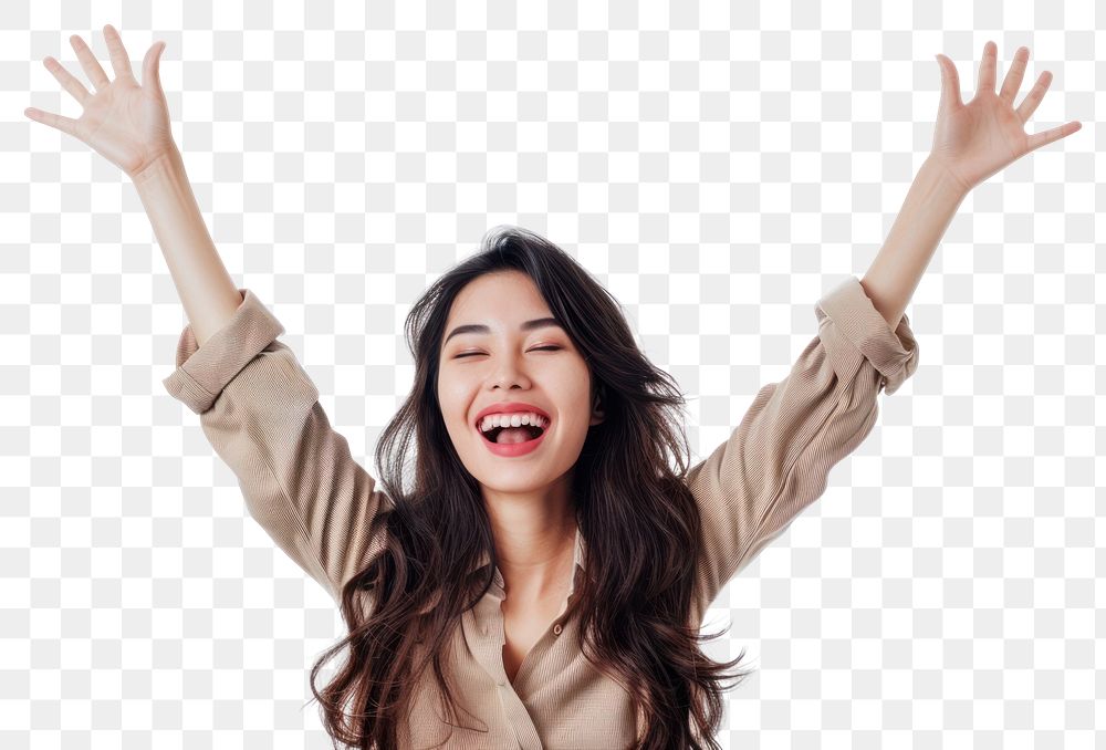 PNG Excited Asian woman raised her hands up laughing adult white background.