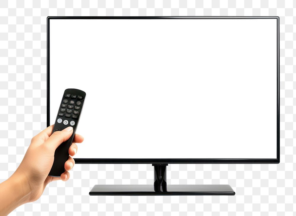 PNG Hand with remote and black flat tv screen computer monitor display panel with white blank empty picture television white…